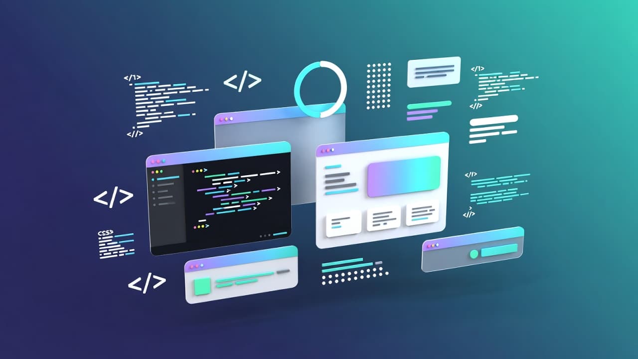 Web制作イメージ — コード画面とデバイス